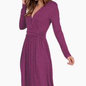Women's Long Sleeve V-Neck Wrap Waist Pockets Pleated Maxi Dress Soft Modal